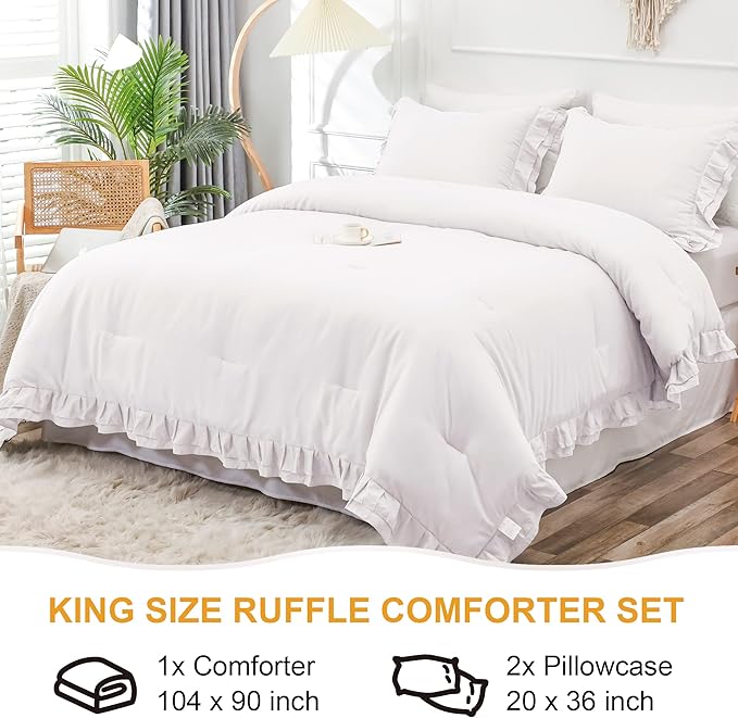 White Double Ruffle Comforter Set King Size (104x90 Inch), 3 Pcs Farmhouse Vintage Comforter Set (1 Ruffled Comforter and 2 Pillowcase), Rustic All Season Down Alternative Bedding Set - LeafyLoom