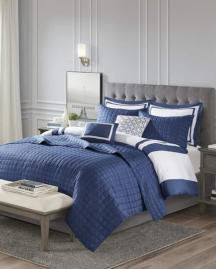 Madison Park Heritage Comforter Quilt Combo Set - Modern Luxury Design, All Season Down Alternative Bedding, Matching Shams, Decorative Pillows, King/Cal King(104"x92"), Color Block Navy 8 Piece - LeafyLoom