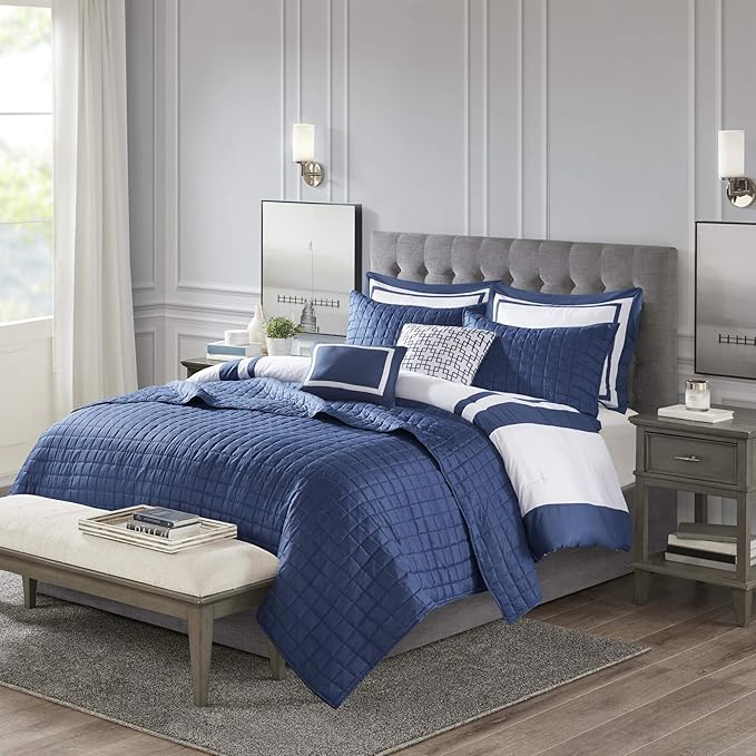 Madison Park Heritage Comforter Quilt Combo Set - Modern Luxury Design, All Season Down Alternative Bedding, Matching Shams, Decorative Pillows, King/Cal King(104"x92"), Color Block Navy 8 Piece - LeafyLoom