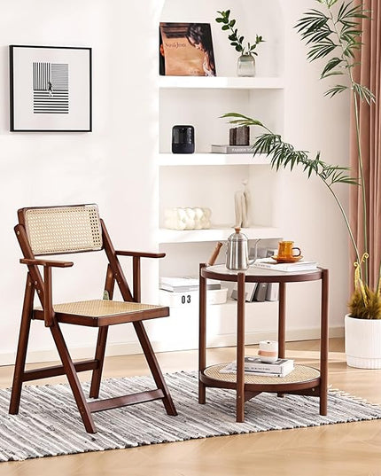 Rattan Folding Dining Chairs Set of 2, Modern Mid Century Dining Chairs with Arms, Outdoor Bamboo Chairs for Bedroom, Living Room, Reading Room, Walnut - LeafyLoom