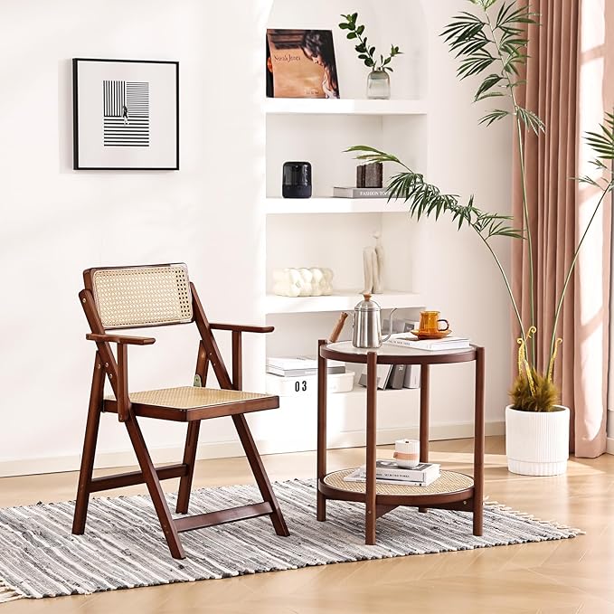 Rattan Folding Dining Chairs Set of 2, Modern Mid Century Dining Chairs with Arms, Outdoor Bamboo Chairs for Bedroom, Living Room, Reading Room, Walnut - LeafyLoom