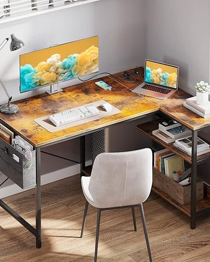 ODK 40 Inch Small L Shaped Gaming Computer Desk with Power Outlets, Reversible Storage Shelves & PC Stand, Modern Simple Writing Study Table with Storage Bag for Small Space, Vintage - LeafyLoom