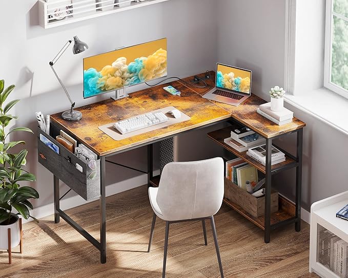 ODK 40 Inch Small L Shaped Gaming Computer Desk with Power Outlets, Reversible Storage Shelves & PC Stand, Modern Simple Writing Study Table with Storage Bag for Small Space, Vintage - LeafyLoom