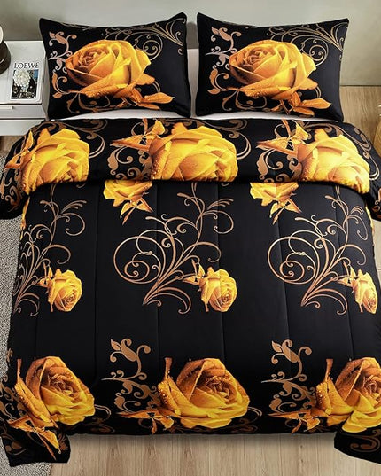 WONGS BEDDING Yellow Comforter Set King Reversible Yellow Rose Pattern Printed Bedding Comforter Set with 2 Pillowcases for All Seasons, Soft Microfiber Filling Bedding Set 103"x90" - LeafyLoom