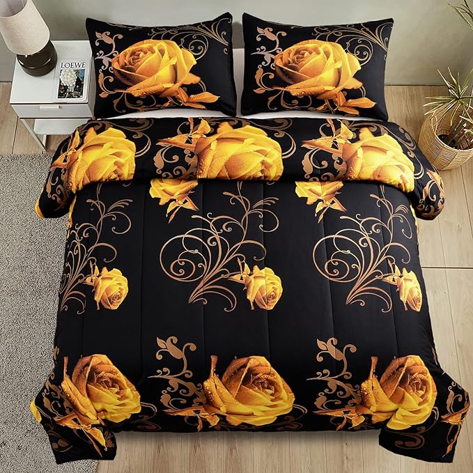 WONGS BEDDING Yellow Comforter Set King Reversible Yellow Rose Pattern Printed Bedding Comforter Set with 2 Pillowcases for All Seasons, Soft Microfiber Filling Bedding Set 103"x90" - LeafyLoom