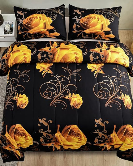 WONGS BEDDING Yellow Comforter Set Queen Reversible Yellow Rose Pattern Bedding Comforter with 2 Pillowcases for All Seasons, Soft Microfiber Filling Bedding Set 90"x90" - LeafyLoom