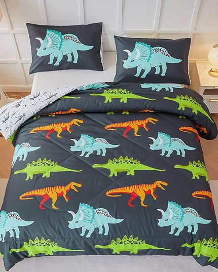 RYNGHIPY Dinosaur Bedding Set Queen Size Dinosaur Kids Comforter Set for Boys Girls Soft Breathable Cute Dinosaur Bed Set for All Season (Black,Queen) - LeafyLoom