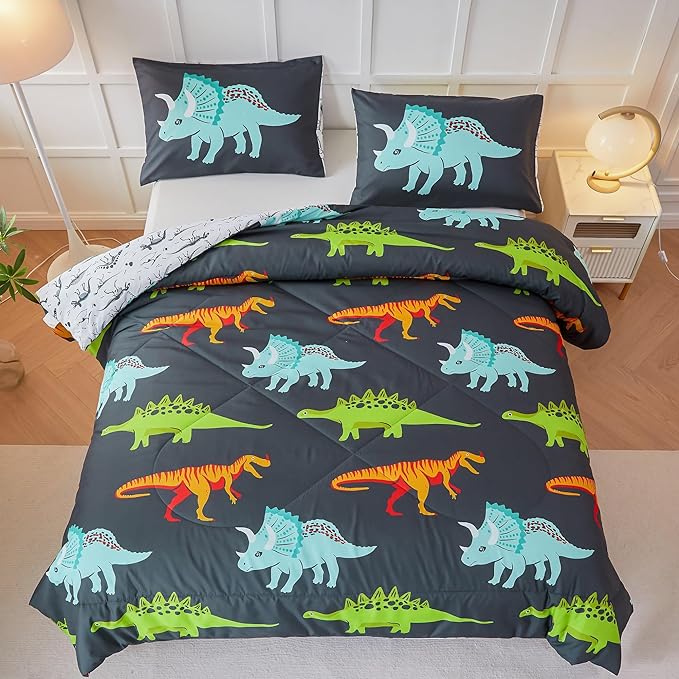 RYNGHIPY Dinosaur Bedding Set Queen Size Dinosaur Kids Comforter Set for Boys Girls Soft Breathable Cute Dinosaur Bed Set for All Season (Black,Queen) - LeafyLoom