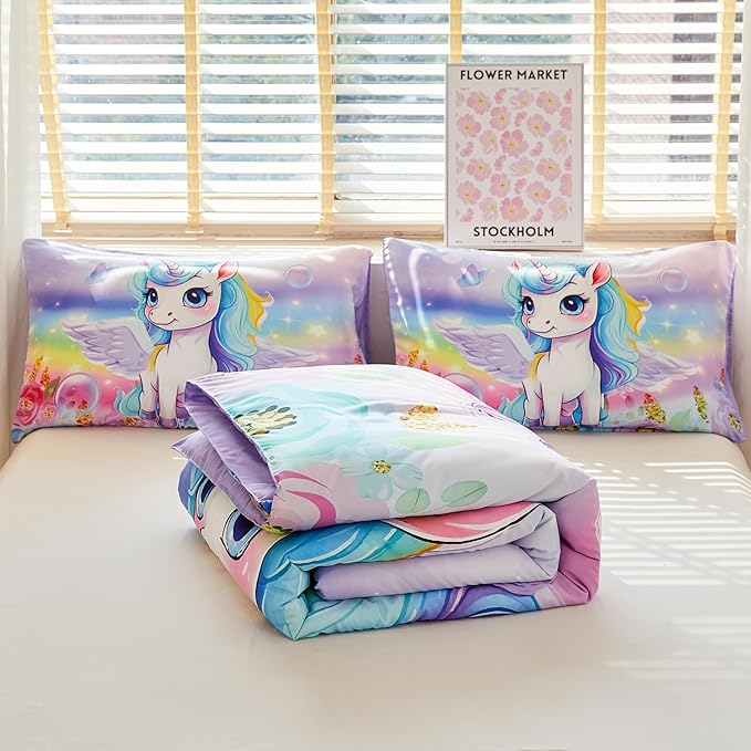 Unicorn Comforter Twin,Princess Twin Comforter,Girls Purple Comforter,Kids Twin Comforter Set for Girls,Unicorn Twin Bedding Set,Unicorn Room Decor - LeafyLoom