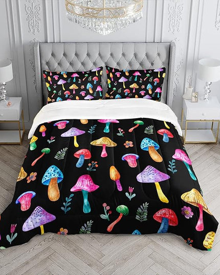 Colorful Mushroom Comforter Set Full Size Kids Mushroom Flora Bedding Set Botanical Plant Theme Print Quilt Bed Set for Boys Girls Adults with 1 Comforter and 2 Pillowcases - LeafyLoom