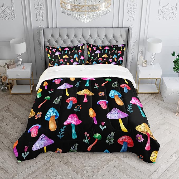 Colorful Mushroom Comforter Set Full Size Kids Mushroom Flora Bedding Set Botanical Plant Theme Print Quilt Bed Set for Boys Girls Adults with 1 Comforter and 2 Pillowcases - LeafyLoom