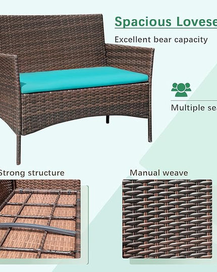 Greesum Patio Furniture 4 Pieces Conversation Sets Outdoor Wicker Rattan Chairs Garden Backyard Balcony Porch Poolside loveseat with Soft Cushion and Glass Table, Brown and Blue - LeafyLoom