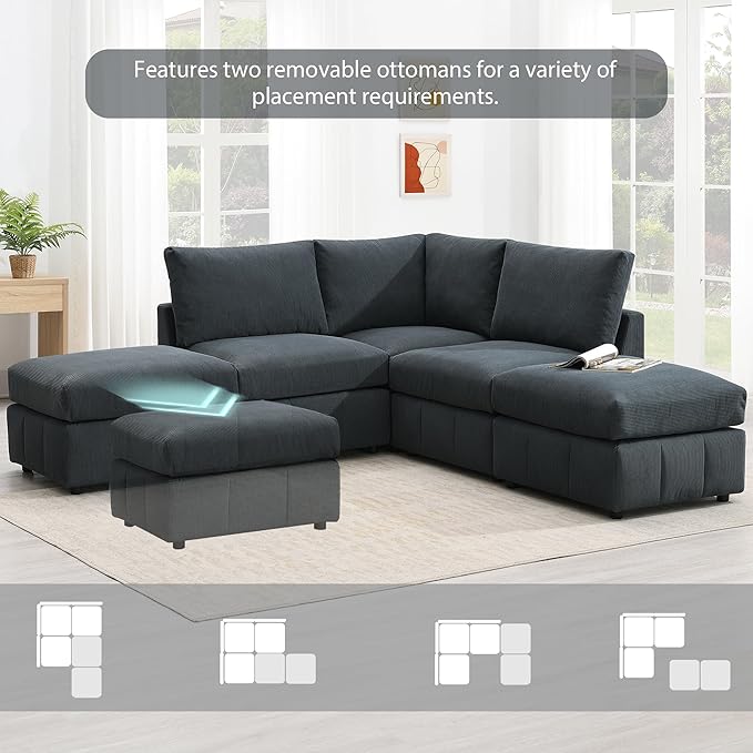 93" Sectional Couch with Convertible Ottomans, 5-Seat Armless Modular Sofa with Vertical Stripes, Freely Combinable Couch Sectionals for Living Room, Apartment - LeafyLoom
