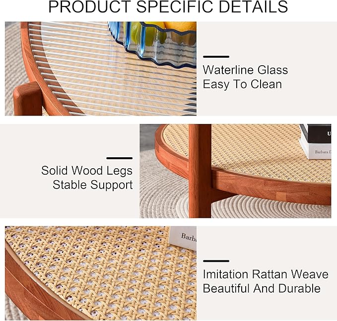 35'' Modern Round Coffee Table with Textured Glass Tabletop, 2 Tier Center Table for Living Room with Rattan Woven Storage Shelf, Wood Frame Natural Wood Coffee Table, Walnut - LeafyLoom