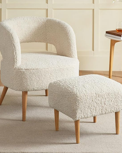 Accent Chair with Ottoman Teddy Fleece Upholstered Armchair Mid-century Modern Comfortable Chairs and Ottoman Set with Wooden Legs for Living Room, Bedroom(Beige) - LeafyLoom