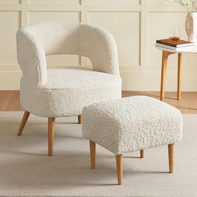 Accent Chair with Ottoman Teddy Fleece Upholstered Armchair Mid-century Modern Comfortable Chairs and Ottoman Set with Wooden Legs for Living Room, Bedroom(Beige) - LeafyLoom