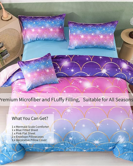 RYNGHIPY 6Pcs Teal Pink Sparkle Mermaid Comforter Sets Queen Size, 3D Rainbow Glitter Girls Bedding Sets, Ombre Pastel Fish Scale Bedding Collection Sets - LeafyLoom