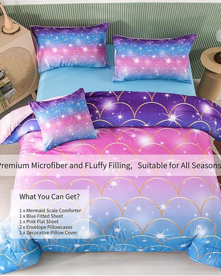 RYNGHIPY 6Pcs Teal Pink Sparkle Mermaid Comforter Sets Full Size, 3D Rainbow Glitter Girls Bedding Sets, Ombre Pastel Fish Scale Bedding Collection Sets - LeafyLoom