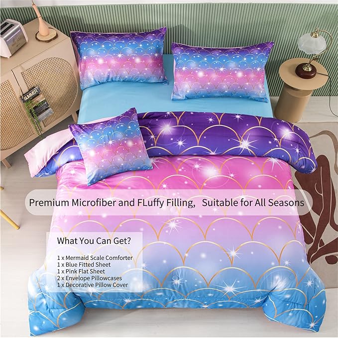 RYNGHIPY 6Pcs Teal Pink Sparkle Mermaid Comforter Sets Full Size, 3D Rainbow Glitter Girls Bedding Sets, Ombre Pastel Fish Scale Bedding Collection Sets - LeafyLoom