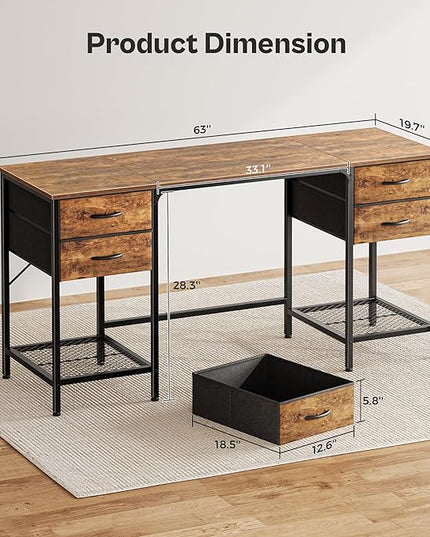63 Inch Computer Desk with 4 Drawers, Office Desk with Mesh Shelf, Gaming Desk, Large Storage, Writing Desk Work Desk for Home Office, Study, Bedroom, Work from Home, Rustic Brown - LeafyLoom