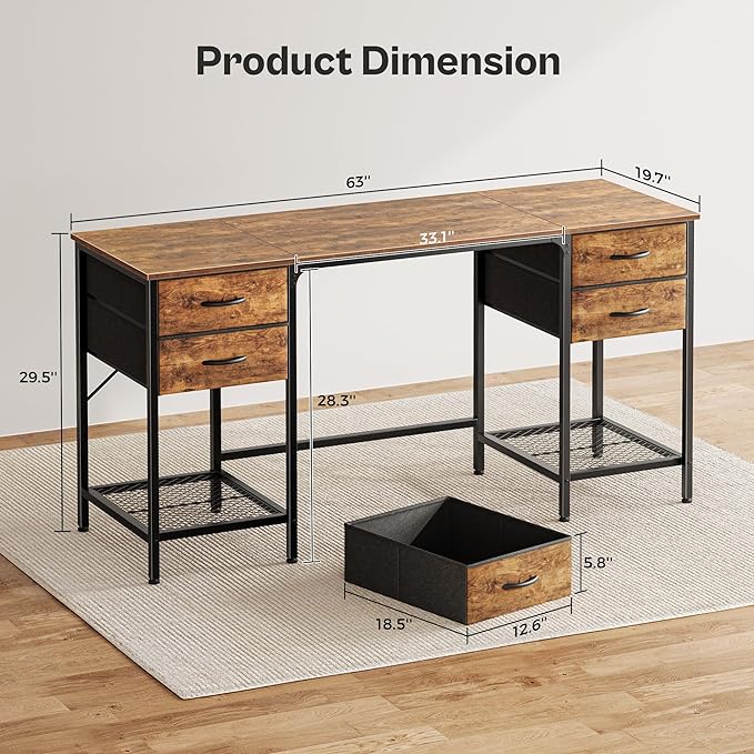 63 Inch Computer Desk with 4 Drawers, Office Desk with Mesh Shelf, Gaming Desk, Large Storage, Writing Desk Work Desk for Home Office, Study, Bedroom, Work from Home, Rustic Brown - LeafyLoom