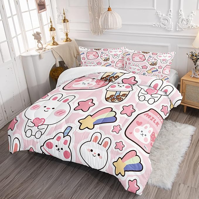CVHOUSE Kawaii Bedding Twin Size,Kawaii Rabbit Bedding Set for Girls Kids,Cute Rabbit Comforter Set Kawaii Rabbit Duvet Set Rabbit Pattren Quilt Set Girls Room Decor 3 Pieces - LeafyLoom