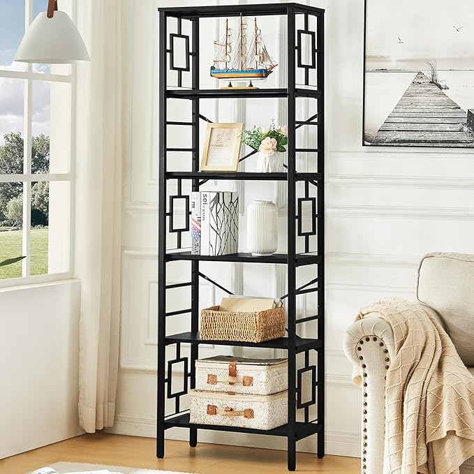 HOMISSUE Tall Bookshelf, Industrial 6-Tier Bookshelf with Unique Design, Open Bookshelves and Bookcases,Black - LeafyLoom