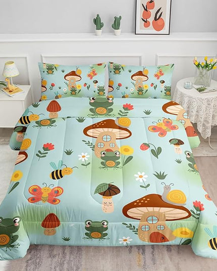 Datura home Cartoon Mushroom House Kids Comforter Bedding Set for Boys Girls, Green Grassland and Cute Frog Bee Print Comforter with 2 Pillowcases(Mushroom House Queen), Mushroom Frog - LeafyLoom