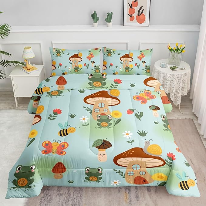 Datura home Cartoon Mushroom House Kids Comforter Bedding Set for Boys Girls, Green Grassland and Cute Frog Bee Print Comforter with 2 Pillowcases(Mushroom House Twin) - LeafyLoom
