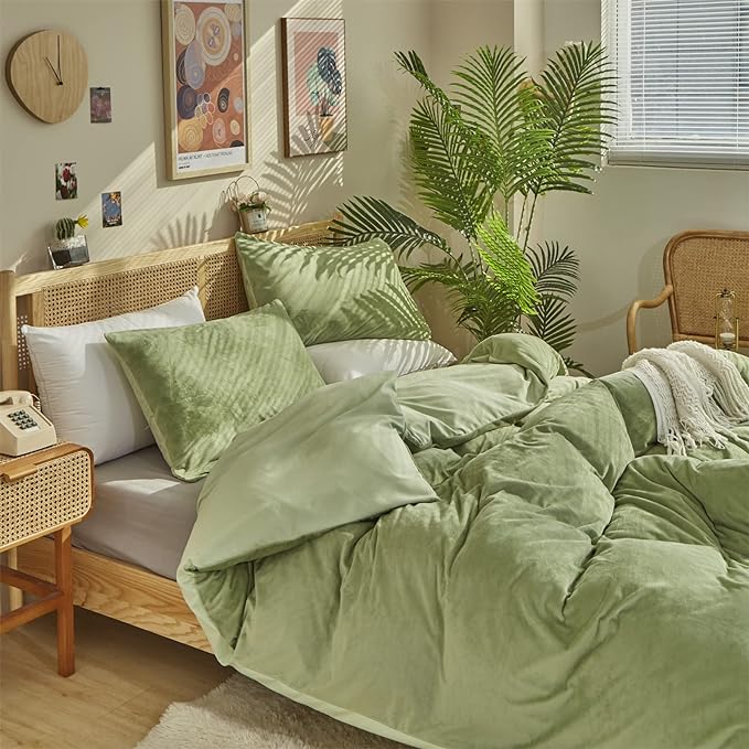 Wellboo Sage Green Velvet Comforter Sets Queen Light Green Fluffy Bedding Solid Color Flannel Quilt Women Men Grass Green Comforters Micromink Sherpa Fuzzy Warm Bed Girls Boys Dorm Plush Bedding Soft - LeafyLoom