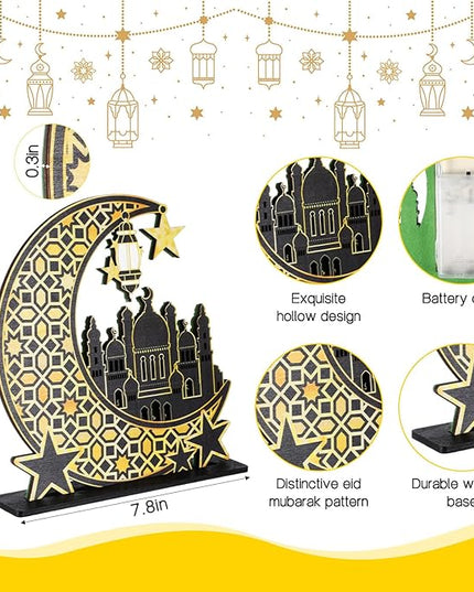 Capoda Eid Craft Night Light Ramadan Mubarak Table Decor 3D Wooden Moon Star LED Light Decor, Mosque Lamp Eid al-Fitr Ornament Gift for Muslim Ramadan Islamic Wall Decor Table Centerpiece(Black) - LeafyLoom