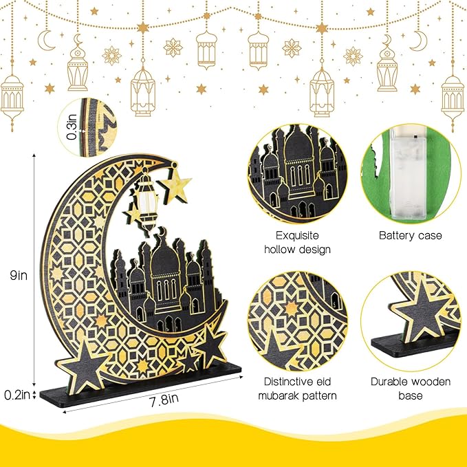 Capoda Eid Craft Night Light Ramadan Mubarak Table Decor 3D Wooden Moon Star LED Light Decor, Mosque Lamp Eid al-Fitr Ornament Gift for Muslim Ramadan Islamic Wall Decor Table Centerpiece(Black) - LeafyLoom