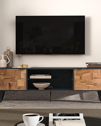 Atelier Mobili Mid Century Modern Door Glass Shelf TV Stand with Storage for TVs up 80 to Inches, Media Console for Living Room, Entertainment Center or Farmhouse TV Stand (Wood Patchwork) - LeafyLoom