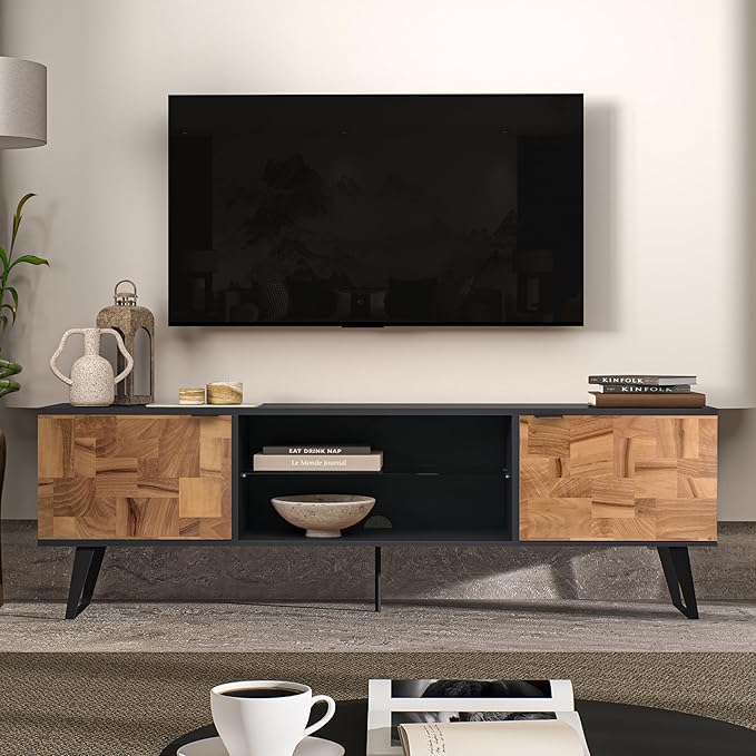 Atelier Mobili Mid Century Modern Door Glass Shelf TV Stand with Storage for TVs up 80 to Inches, Media Console for Living Room, Entertainment Center or Farmhouse TV Stand (Wood Patchwork) - LeafyLoom