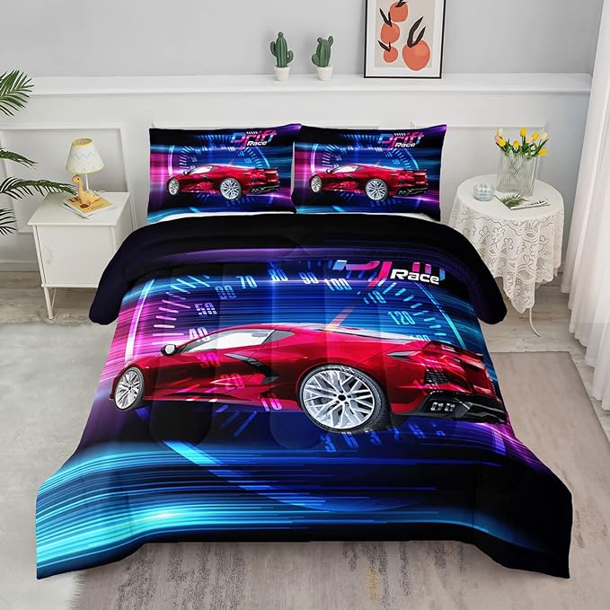 Axolotl Race Car Bedding Set Queen Size,Boys Extreme Sports Comforter Set for Kids Boys Car Racing Gifts,Red Cool Car Comforter Car Sports Quilt Set 1 Comforter Set with 2 Pillowcase Car Racing Gifts - LeafyLoom