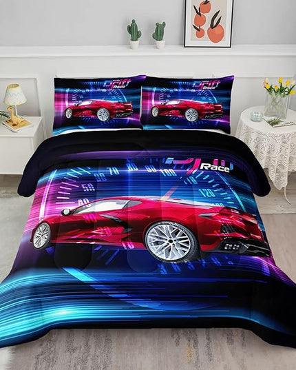 Axolotl Race Car Bedding Set Twin Size,Boys Extreme Sports Comforter Set for Kids Boys Car Racing Gifts,Red Cool Car Comforter Car Sports Quilt Set 1 Comforter Set with 2 Pillowcase Car Racing Gifts - LeafyLoom