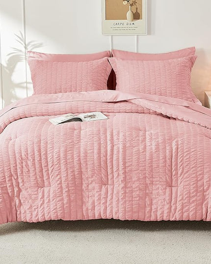 HYMOKEGE Seersucker Twin Comforter Set 3 Pieces, Lightweight Comforter Sets for Bedding, Bed Set with 1 All Season Soft Down Alternative Comforter and 2 Pillow Shams, Pink - LeafyLoom