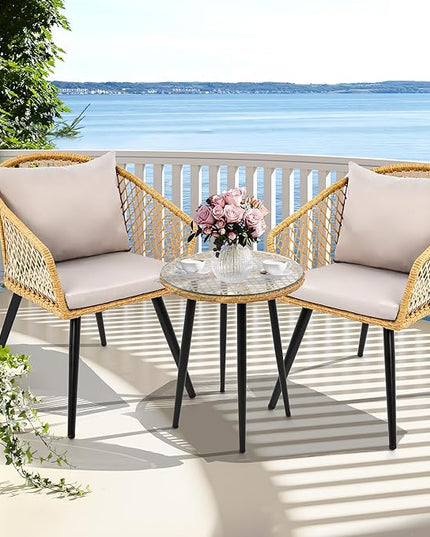 YITAHOME 3-Piece Wicker Balcony Small Patio Furniture Chair Set, Outdoor Rattan Conversation Chairs for Backyard, Balcony and Apartment with Soft Gray Cushions, Glass Side Table Light-Yellow - LeafyLoom