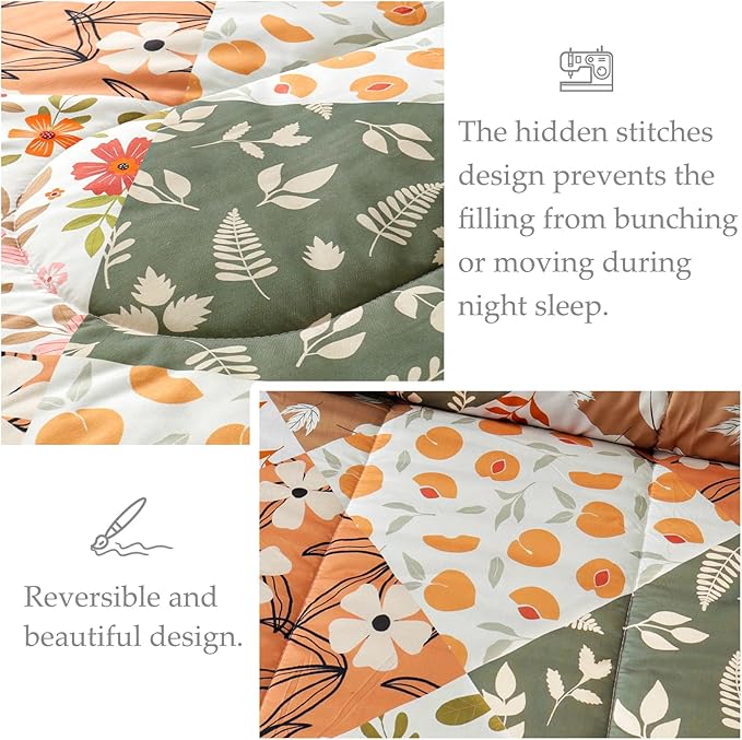 Whale Flotilla King Comforter Set, Soft Reversible Orange and Beige Bedding Comforter Set with Boho Pattern, 1 Micoriber Patchwork Comforter and 2 Pillow Shams, 3 Pieces - LeafyLoom