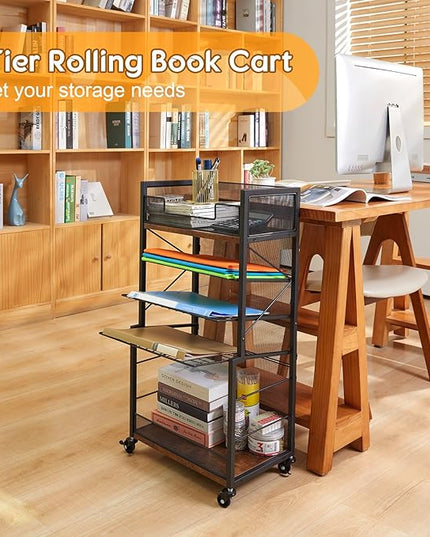 Heyexiha 5 Tier Book Shelf with Sliding Trays, Metal & Wooden Bookcase, Durable Rolling Book Cart, Book Shelf with Wheels, Small Book Shelf Storage Bookcase for Living Room, Bedroom, and Home Office - LeafyLoom
