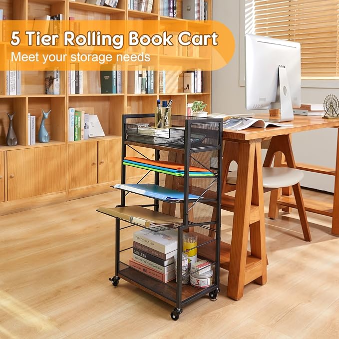 Heyexiha 5 Tier Book Shelf with Sliding Trays, Metal & Wooden Bookcase, Durable Rolling Book Cart, Book Shelf with Wheels, Small Book Shelf Storage Bookcase for Living Room, Bedroom, and Home Office - LeafyLoom