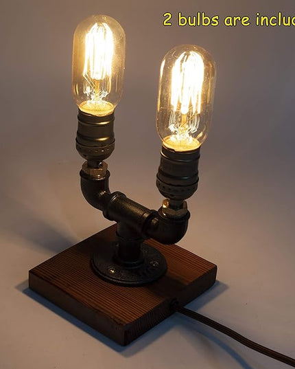 Steampunk Lamp with Dimmer, Dimmable Loft Style Industrial Vintage Antique Style Light with 2 Bulbs, Wood Base with Iron Piping Desk Lamp, Retro Desk Lamp LL-027 - LeafyLoom