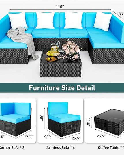 Pamapic Patio Furniture Set, 7 Pieces Modular Outdoor Sectional, Patio Sectional Sofa Conversation Set, Rattan Sofa with Coffee Table and Washable Cushions Covers, Black Rattan and Blue Cushions - LeafyLoom