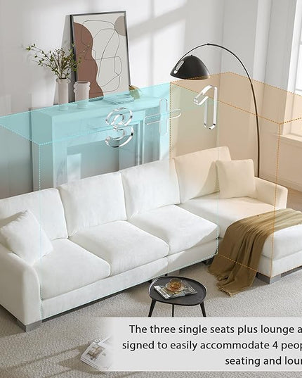 119" Sectional Sofa, L-Shaped Couch Set with 2 Free Pillows and Chaise, 5-seat Chenille Indoor Furniture for Living Room, Apartment, Office, 119inch, White - LeafyLoom