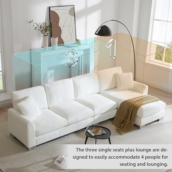 119" Sectional Sofa, L-Shaped Couch Set with 2 Free Pillows and Chaise, 5-seat Chenille Indoor Furniture for Living Room, Apartment, Office, 119inch, White - LeafyLoom