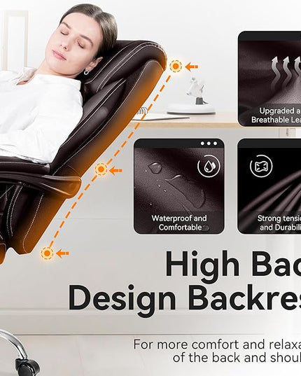 Office Chair, Executive Leather Chair Adjustable High Back, Ergonomic Computer Desk Chair Lumbar Support, Big and Tall Office Chair with Footrest, Comfy Reclining Chair for Home Office - LeafyLoom