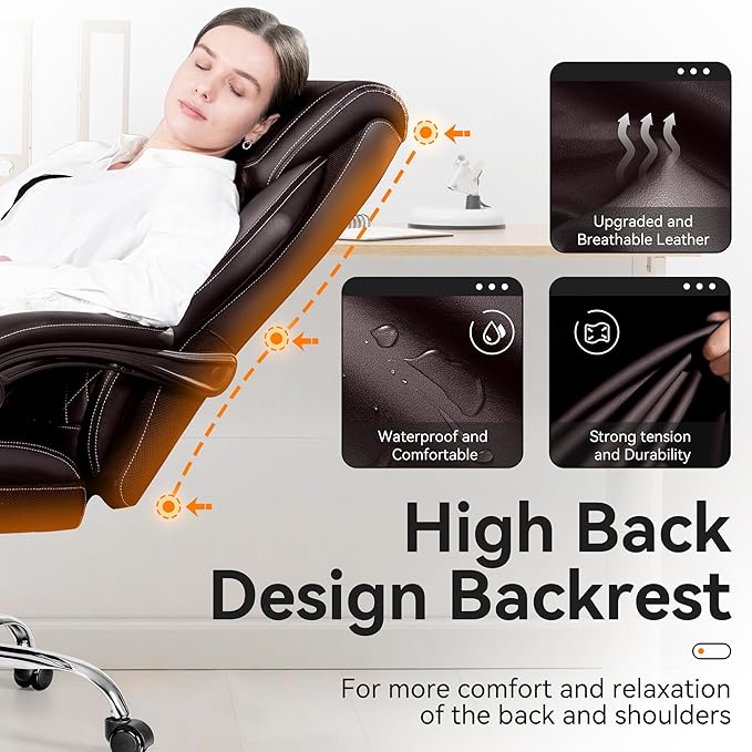Office Chair, Executive Leather Chair Adjustable High Back, Ergonomic Computer Desk Chair Lumbar Support, Big and Tall Office Chair with Footrest, Comfy Reclining Chair for Home Office - LeafyLoom