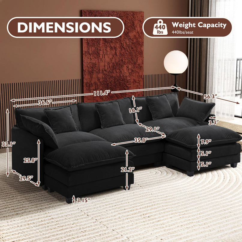 Ihanherry 111.4" L Shaped Modern Sofa Modular Sectional Cloud Couch with Ottoman, 4-Seat Chenille Deep Seat Sofa with Pillow for Living Room, Bedroom and Apartment, Beige LeafyLoom