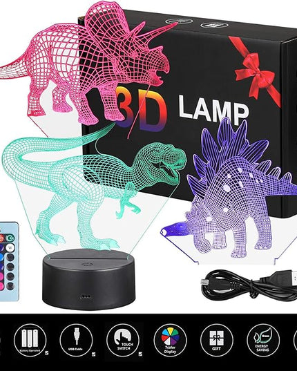 VSATEN 3D Dinosaur Night Light for Kids, 3D Illusion Lamp 3-Pattern & 16 Colors Change Decor Lamp with Remote Control & Smart Touch, Dinosaur Toys for 2 3 4 5 6+ Years Old - LeafyLoom