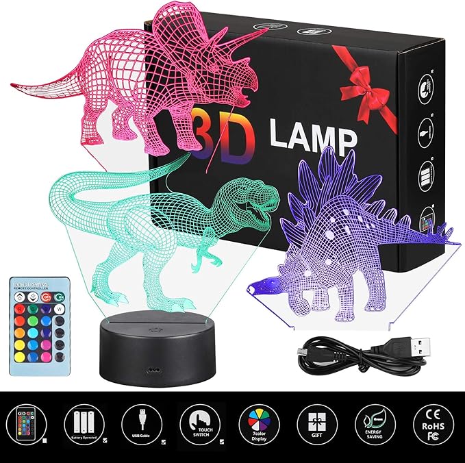 VSATEN 3D Dinosaur Night Light for Kids, 3D Illusion Lamp 3-Pattern & 16 Colors Change Decor Lamp with Remote Control & Smart Touch, Dinosaur Toys for 2 3 4 5 6+ Years Old - LeafyLoom